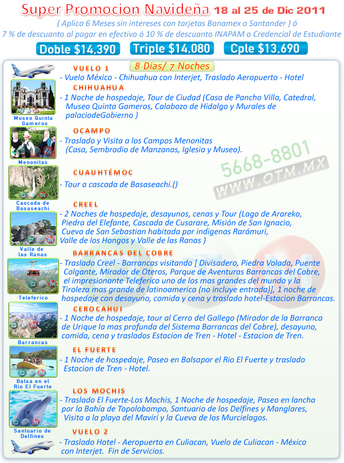 promocion nadidad paquete economico menonitas chihuahua Cuauhtemoc ocampo creel barrancas del cobre cerocahui el fuerte los mochis tren chepe
